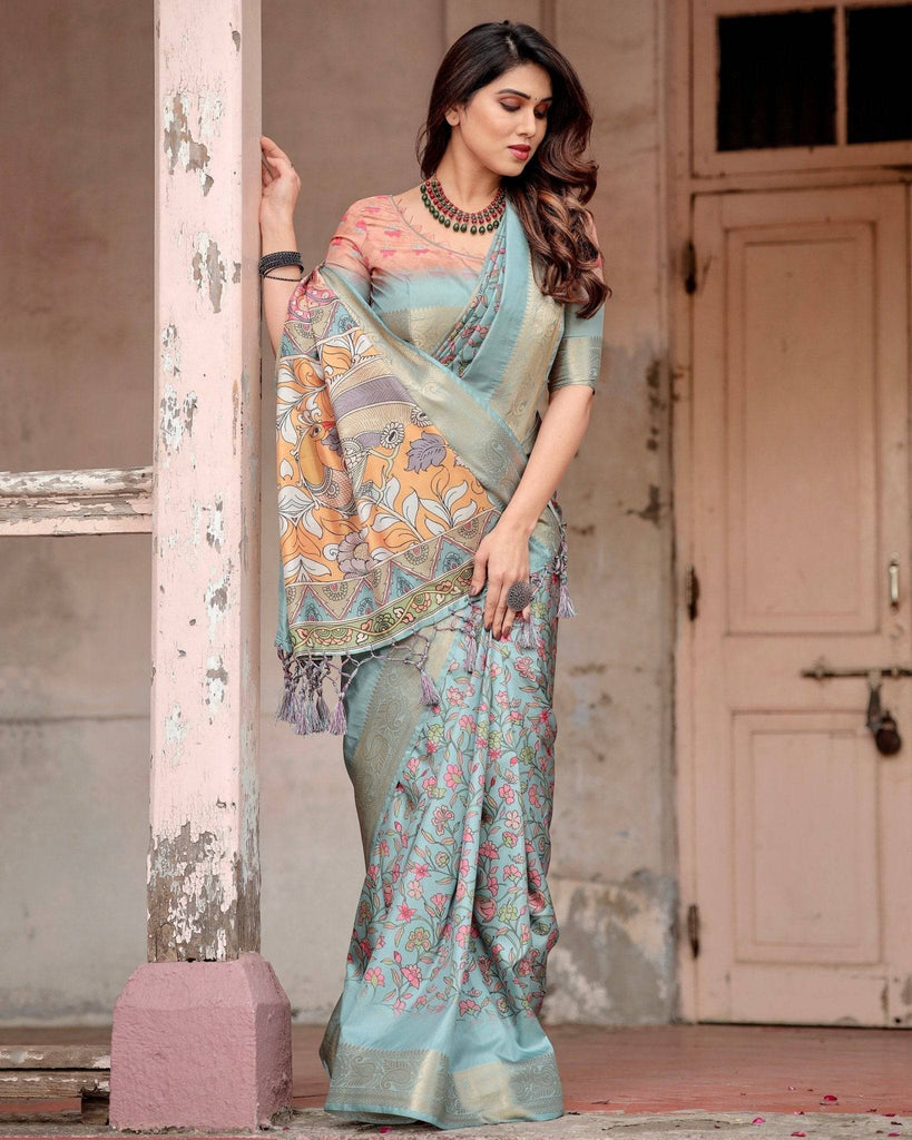 Sky Blue Tussar Silk Saree with Intricate Zari Border and Artistic Pallu Design DIGITAL PRINT