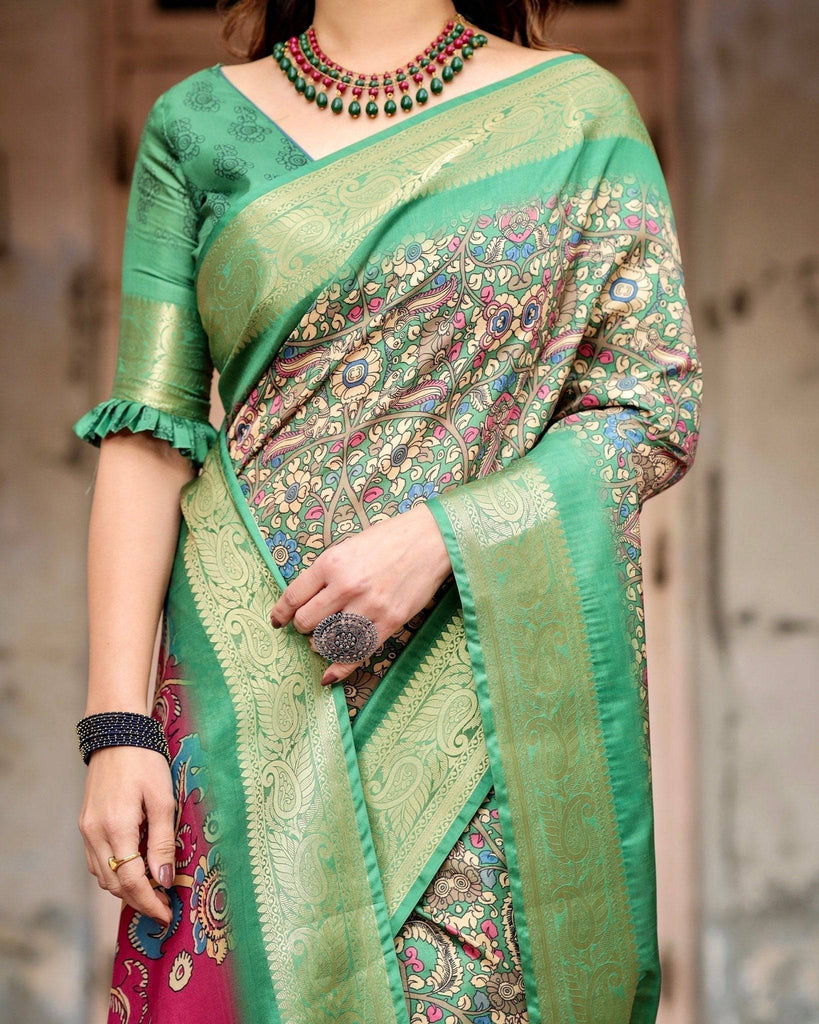 Emerald Green & Magenta Tussar Silk Saree with Zari Weave and Tassel Finish DIGITAL PRINT