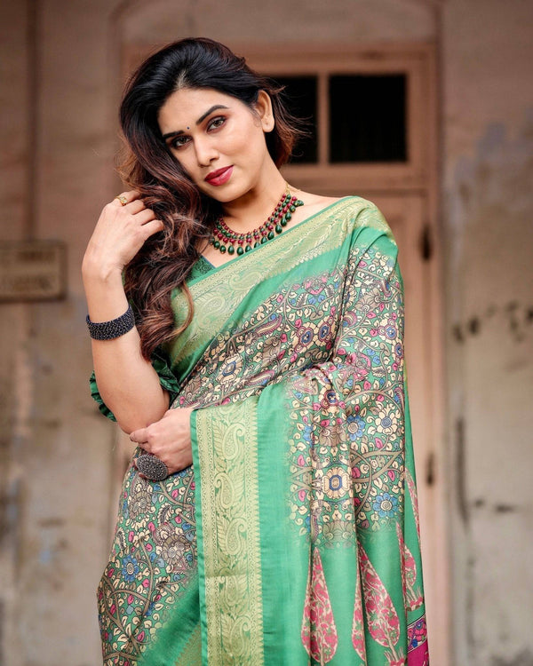 Emerald Green & Magenta Tussar Silk Saree with Zari Weave and Tassel Finish DIGITAL PRINT