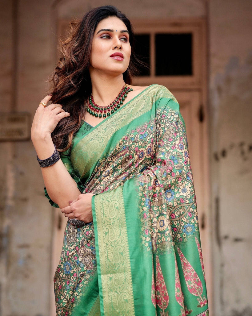 Emerald Green & Magenta Tussar Silk Saree with Zari Weave and Tassel Finish DIGITAL PRINT