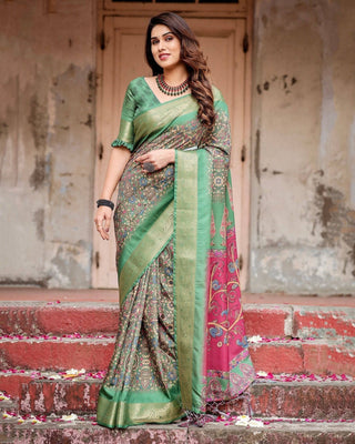 Emerald Green & Magenta Tussar Silk Saree with Zari Weave and Tassel Finish DIGITAL PRINT