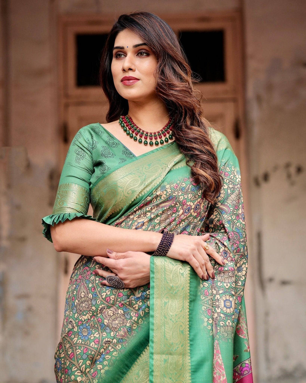 Emerald Green & Magenta Tussar Silk Saree with Zari Weave and Tassel Finish DIGITAL PRINT