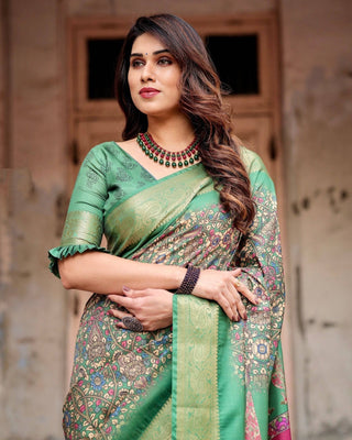 Emerald Green & Magenta Tussar Silk Saree with Zari Weave and Tassel Finish DIGITAL PRINT