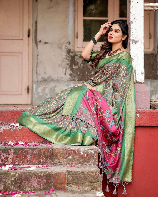 Emerald Green & Magenta Tussar Silk Saree with Zari Weave and Tassel Finish DIGITAL PRINT