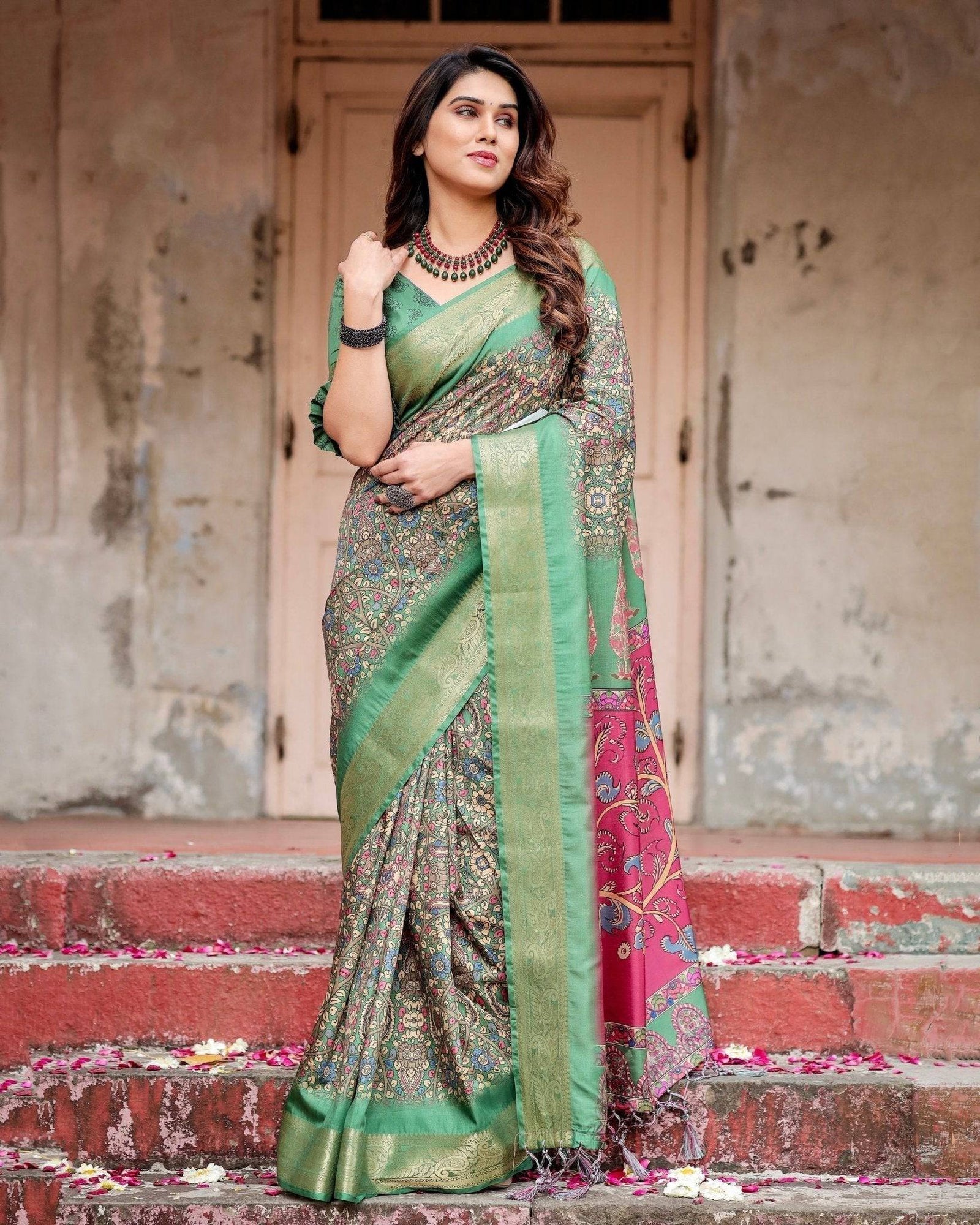 Emerald Green & Magenta Tussar Silk Saree with Zari Weave and Tassel Finish DIGITAL PRINT
