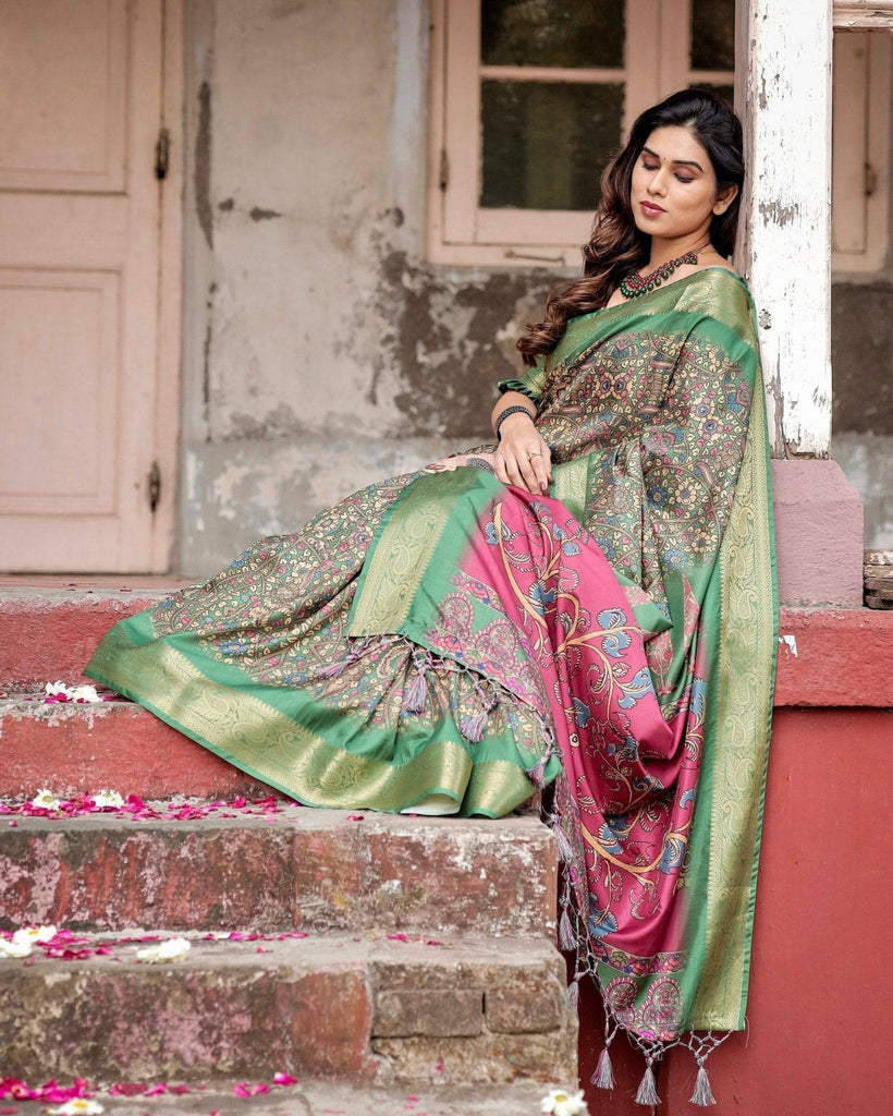 Emerald Green & Magenta Tussar Silk Saree with Zari Weave and Tassel Finish DIGITAL PRINT