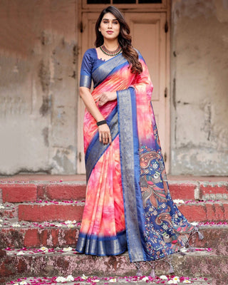Pink and Blue Digital Printed Saree with Peacock Motif and Tassel Detail DIGITAL PRINT