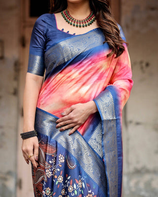 Pink and Blue Digital Printed Saree with Peacock Motif and Tassel Detail DIGITAL PRINT