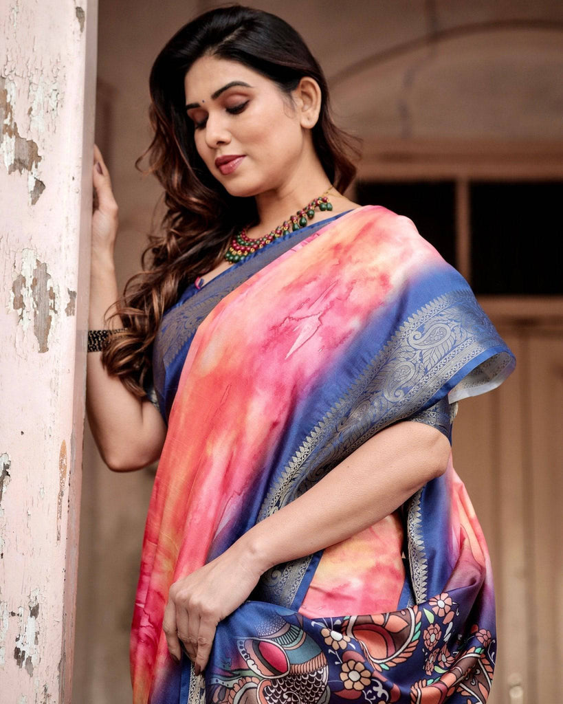 Pink and Blue Digital Printed Saree with Peacock Motif and Tassel Detail DIGITAL PRINT