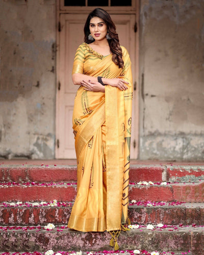 Golden Yellow Digital Printed Saree with Abstract Patterns and Tassel Detailing DIGITAL PRINT