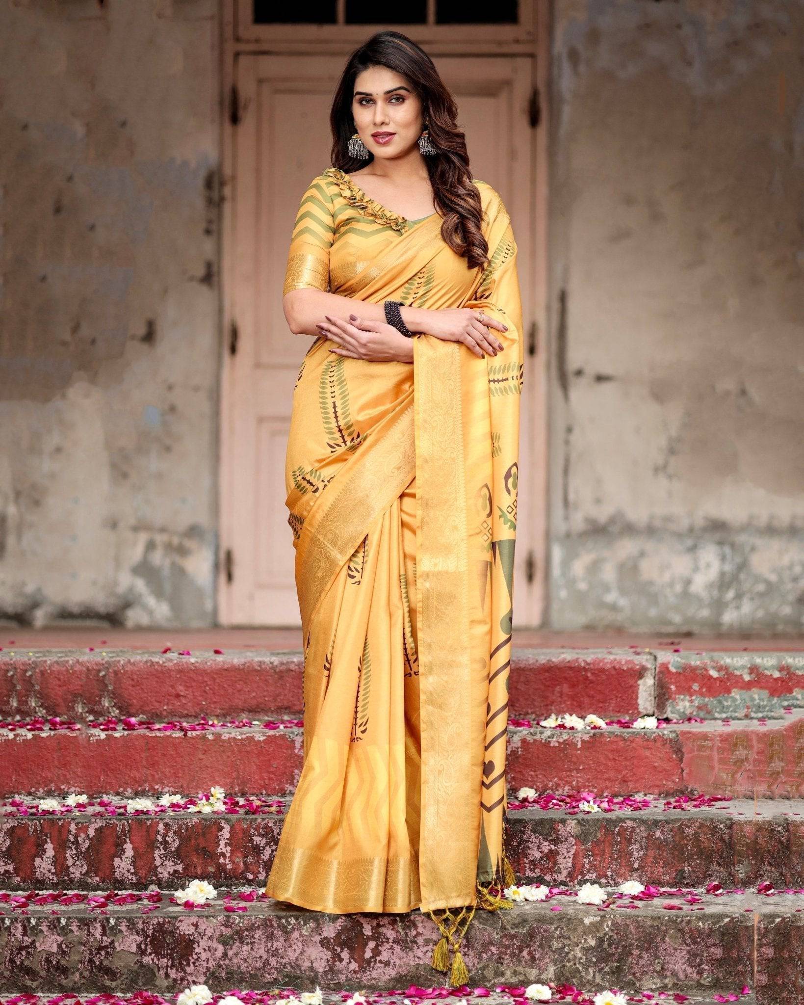 Golden Yellow Digital Printed Saree with Abstract Patterns and Tassel Detailing Secondary image