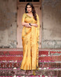 Load image into Gallery viewer, Golden Yellow Digital Printed Saree with Abstract Patterns and Tassel Detailing DIGITAL PRINT