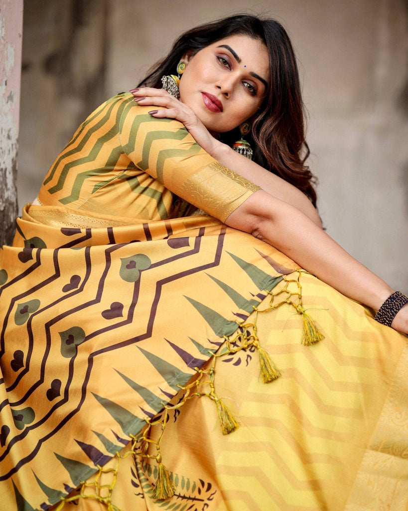 Golden Yellow Digital Printed Saree with Abstract Patterns and Tassel Detailing DIGITAL PRINT
