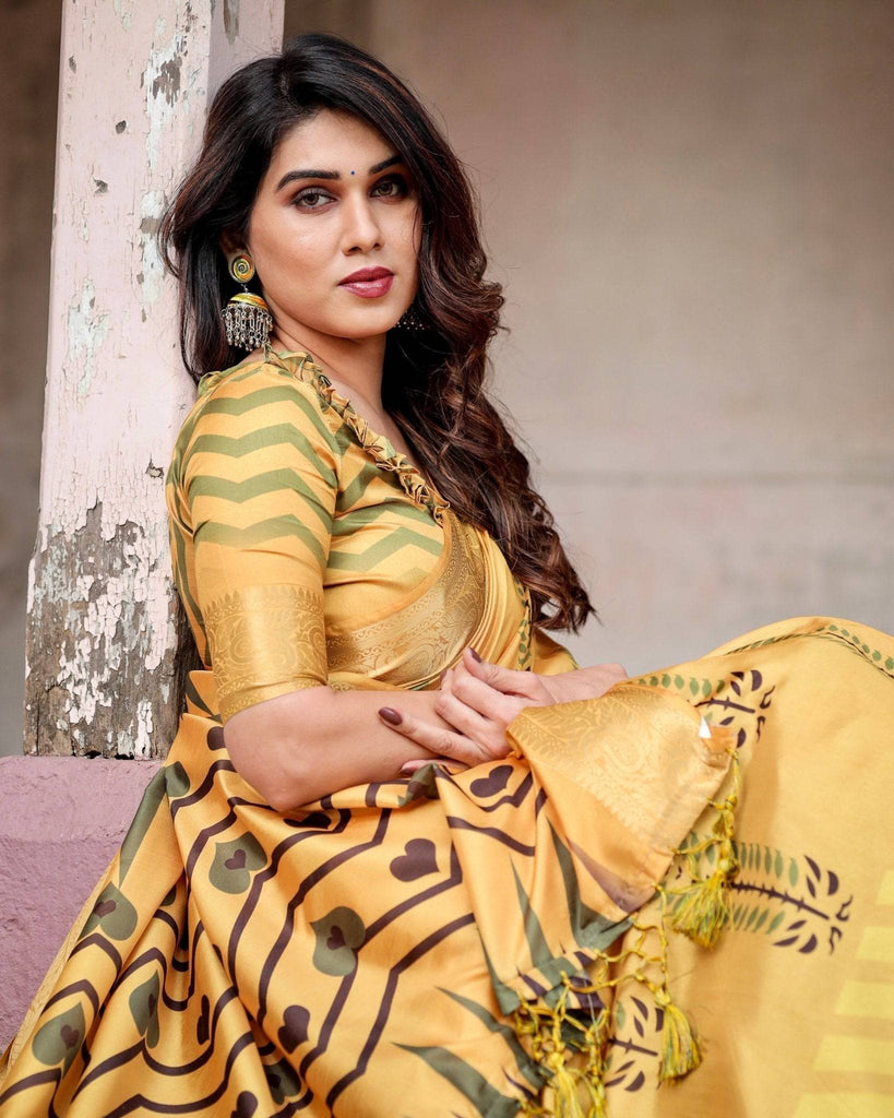 Golden Yellow Digital Printed Saree with Abstract Patterns and Tassel Detailing DIGITAL PRINT