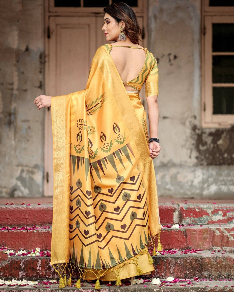 Golden Yellow Digital Printed Saree with Abstract Patterns and Tassel Detailing DIGITAL PRINT