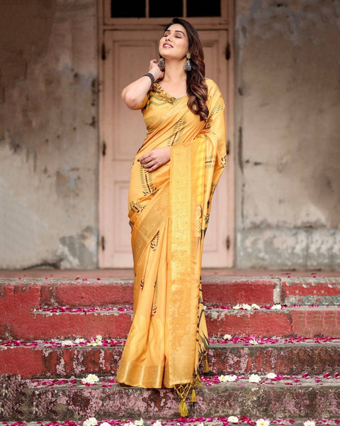 Golden Yellow Digital Printed Saree with Abstract Patterns and Tassel Detailing DIGITAL PRINT Main image