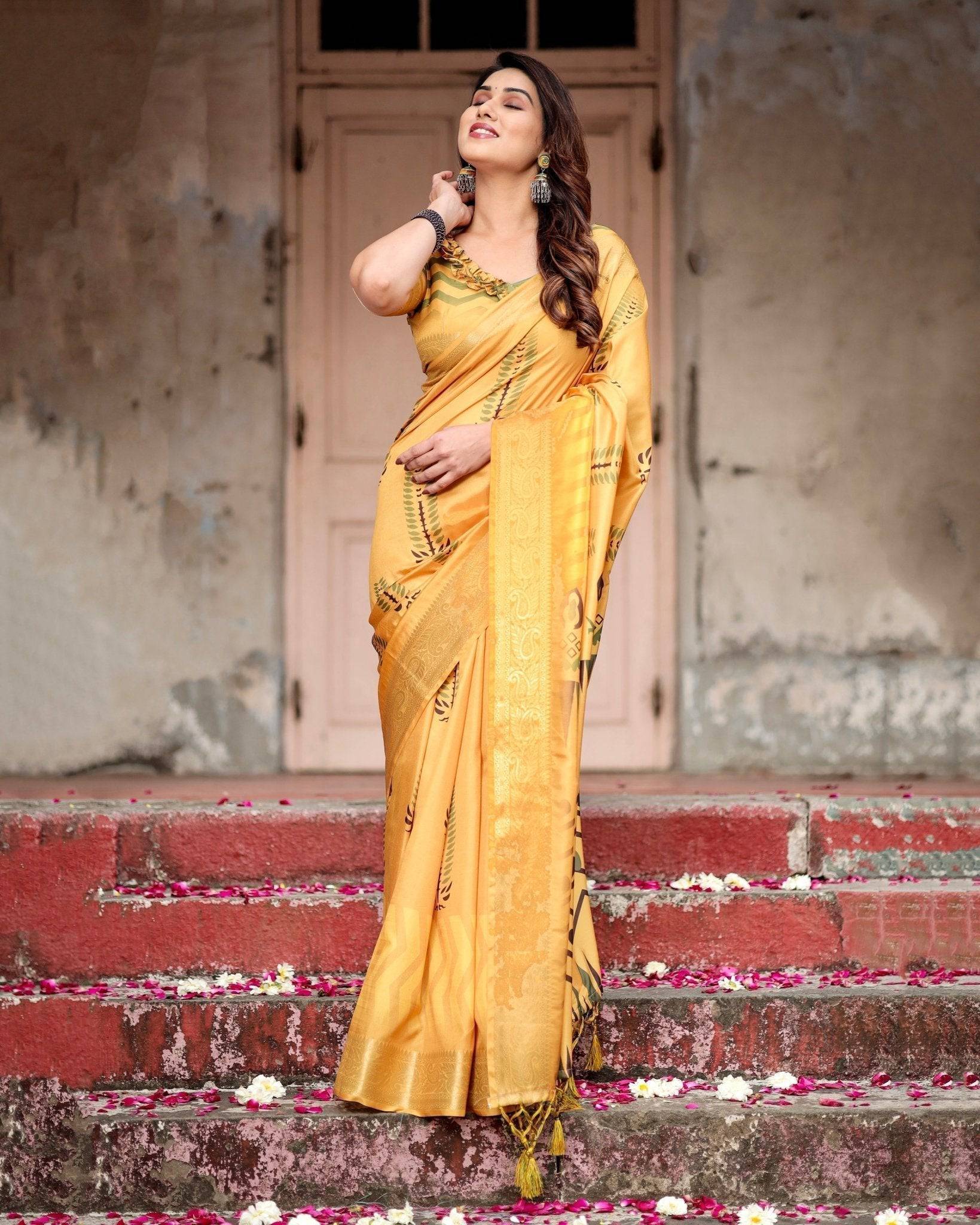 Golden Yellow Digital Printed Saree with Abstract Patterns and Tassel Detailing DIGITAL PRINT Main image