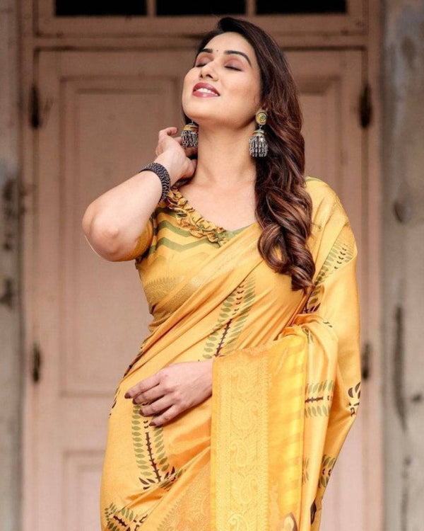 Golden Yellow Digital Printed Saree with Abstract Patterns and Tassel Detailing DIGITAL PRINT