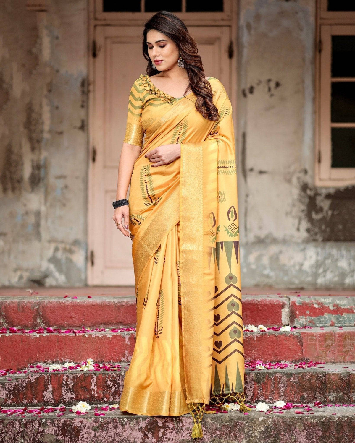 Golden Yellow Digital Printed Saree with Abstract Patterns and Tassel Detailing DIGITAL PRINT Main image