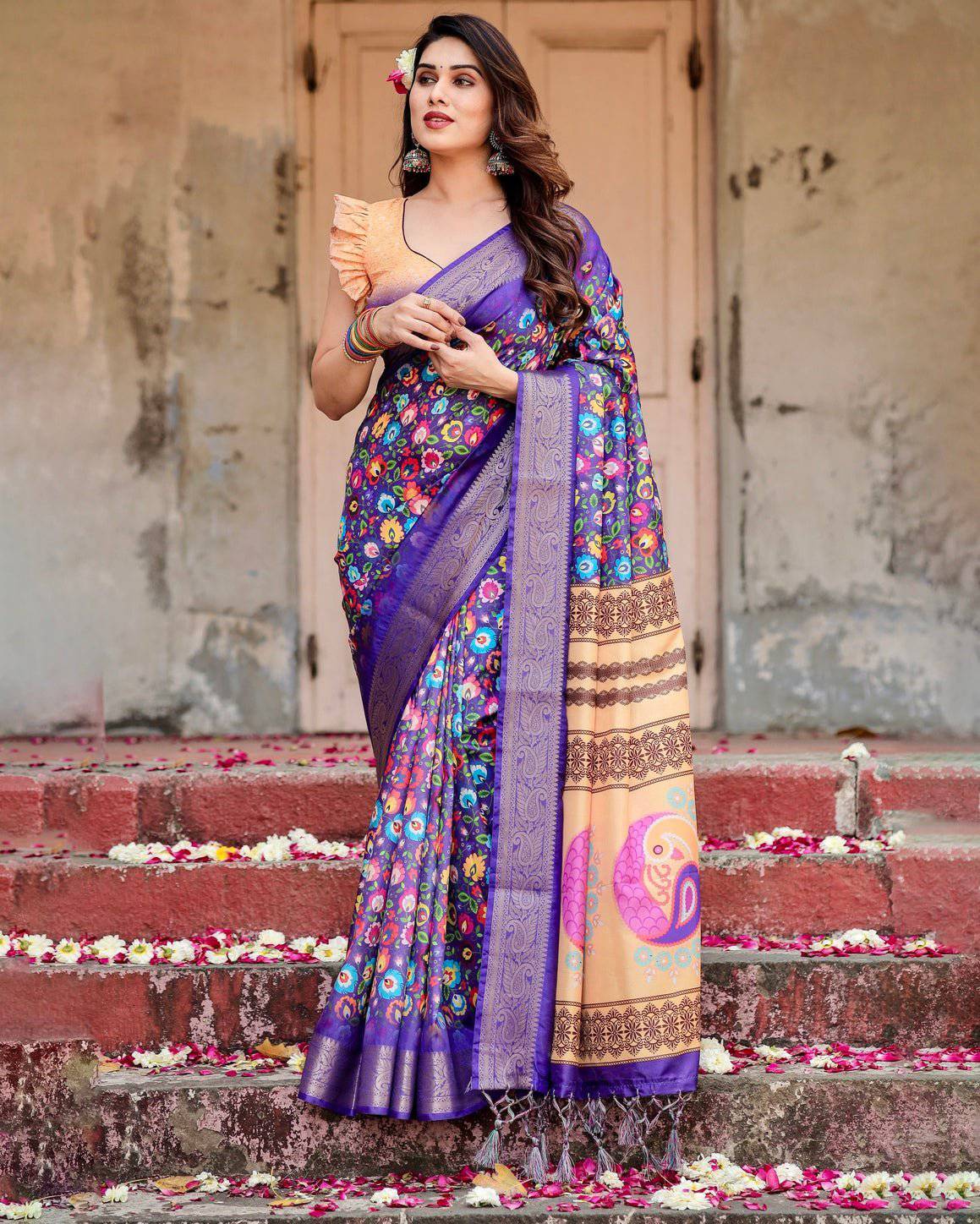 Royal Purple Tussar Silk Saree with Vibrant Floral Print and Peacock Motif Pallu DIGITAL PRINT Main image