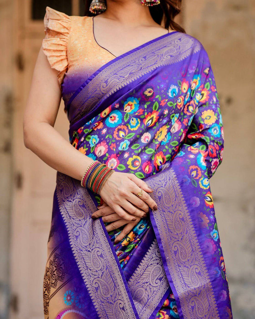 Royal Purple Tussar Silk Saree with Vibrant Floral Print and Peacock Motif Pallu DIGITAL PRINT