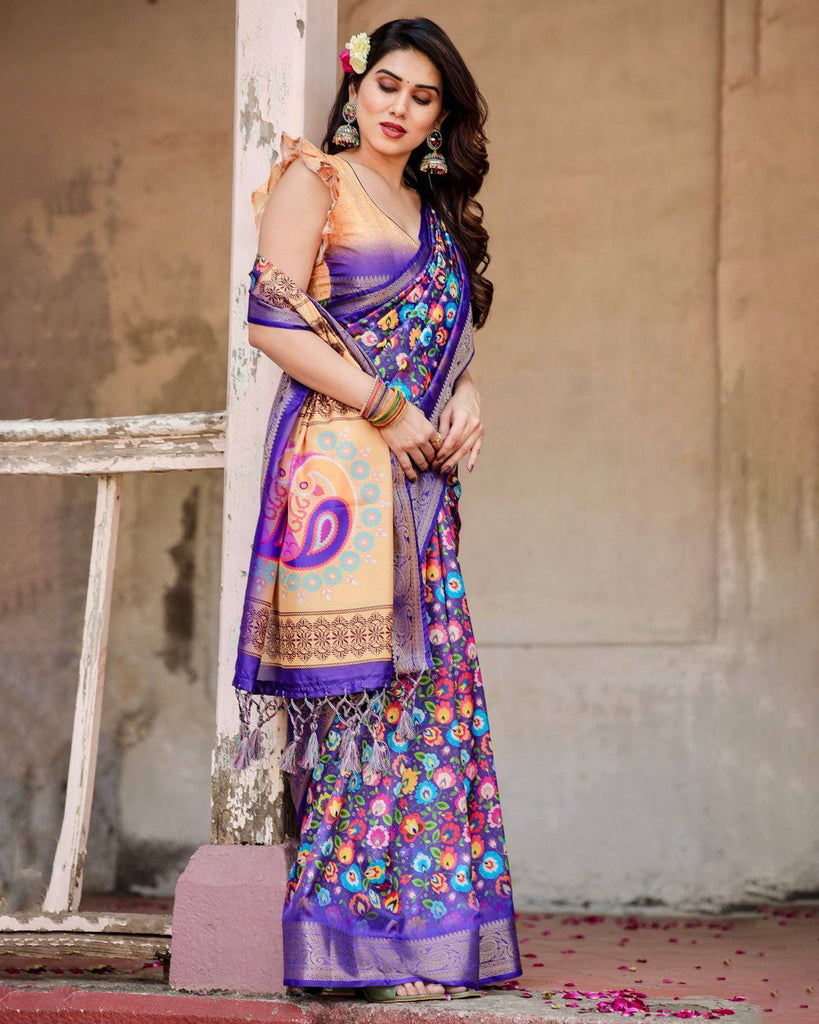 Royal Purple Tussar Silk Saree with Vibrant Floral Print and Peacock Motif Pallu DIGITAL PRINT