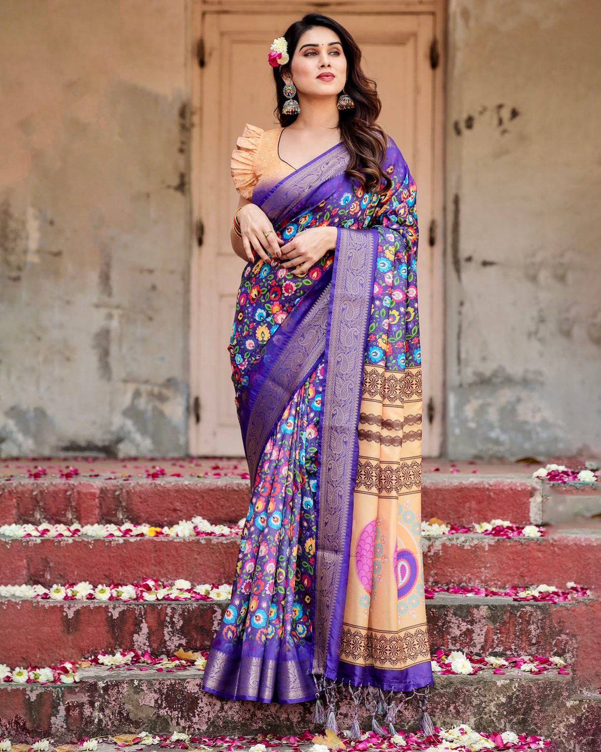 Royal Purple Tussar Silk Saree with Vibrant Floral Print and Peacock Motif Pallu Secondary image