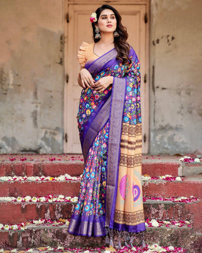 Royal Purple Tussar Silk Saree with Vibrant Floral Print and Peacock Motif Pallu DIGITAL PRINT