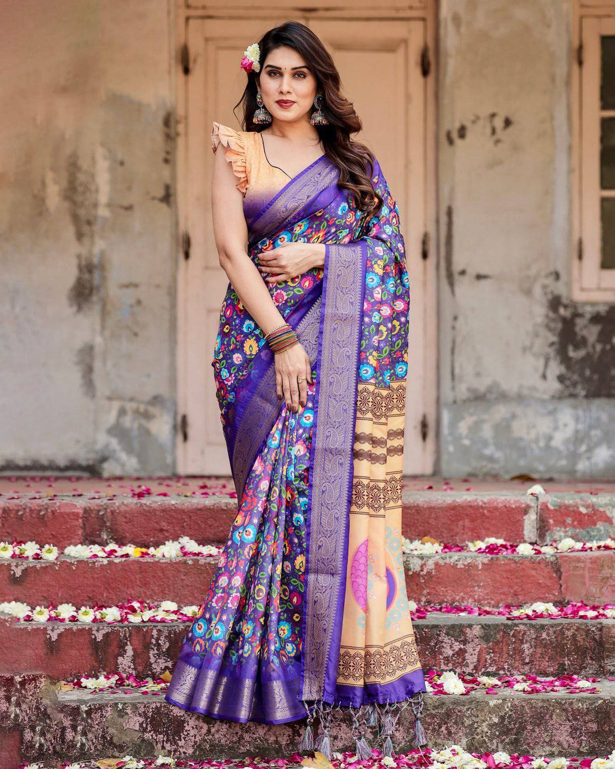 Royal Purple Tussar Silk Saree with Vibrant Floral Print and Peacock Motif Pallu DIGITAL PRINT Main image