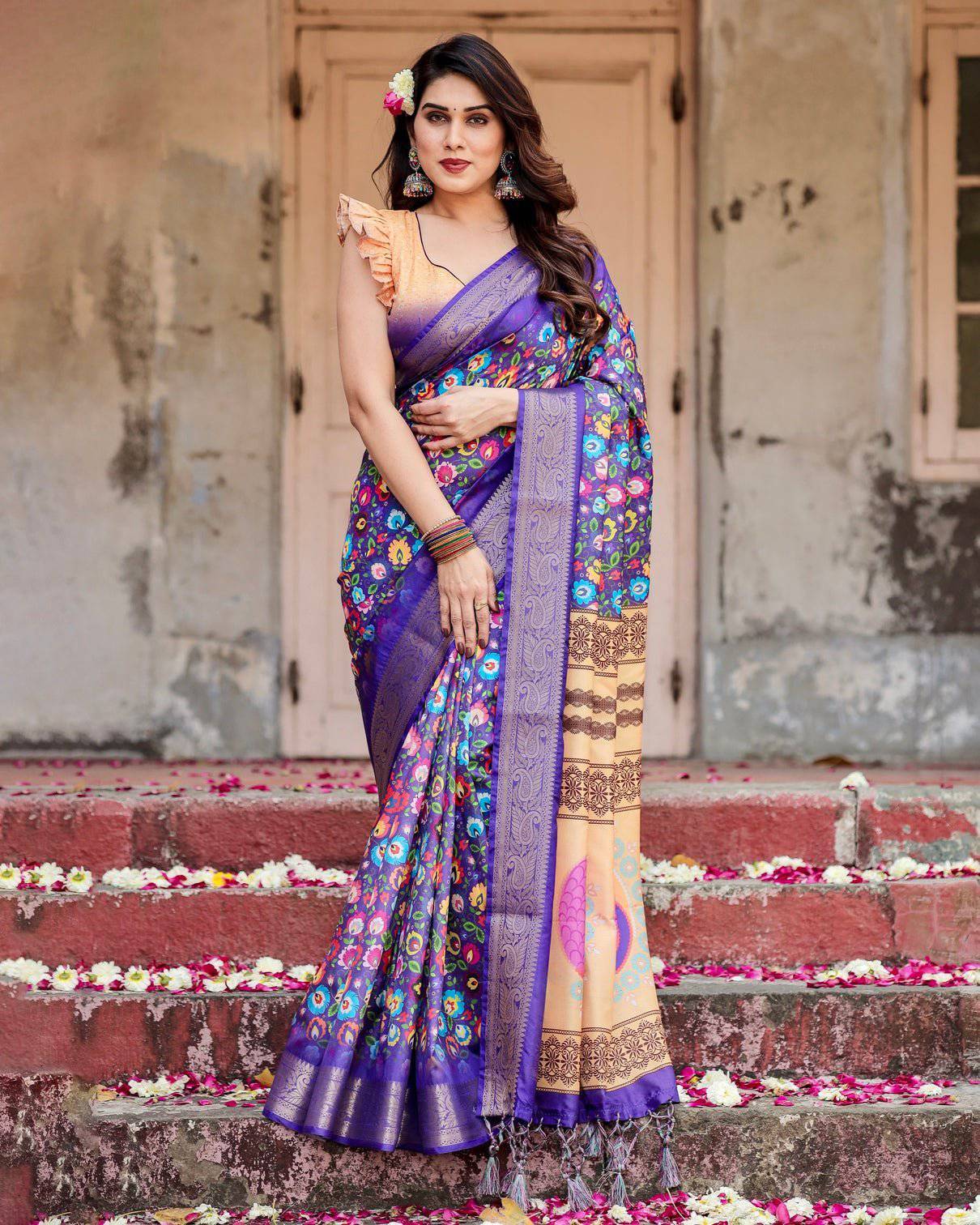 Royal Purple Tussar Silk Saree with Vibrant Floral Print and Peacock Motif Pallu DIGITAL PRINT Main image