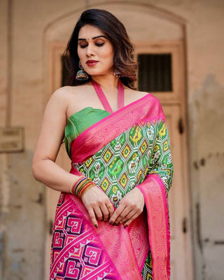 Green and Pink Tussar Silk Saree with Vibrant Ikat Patterns and Zari Border DIGITAL PRINT