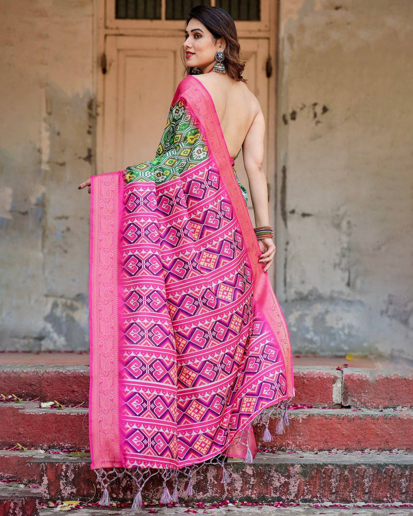 Green and Pink Tussar Silk Saree with Vibrant Ikat Patterns and Zari Border DIGITAL PRINT