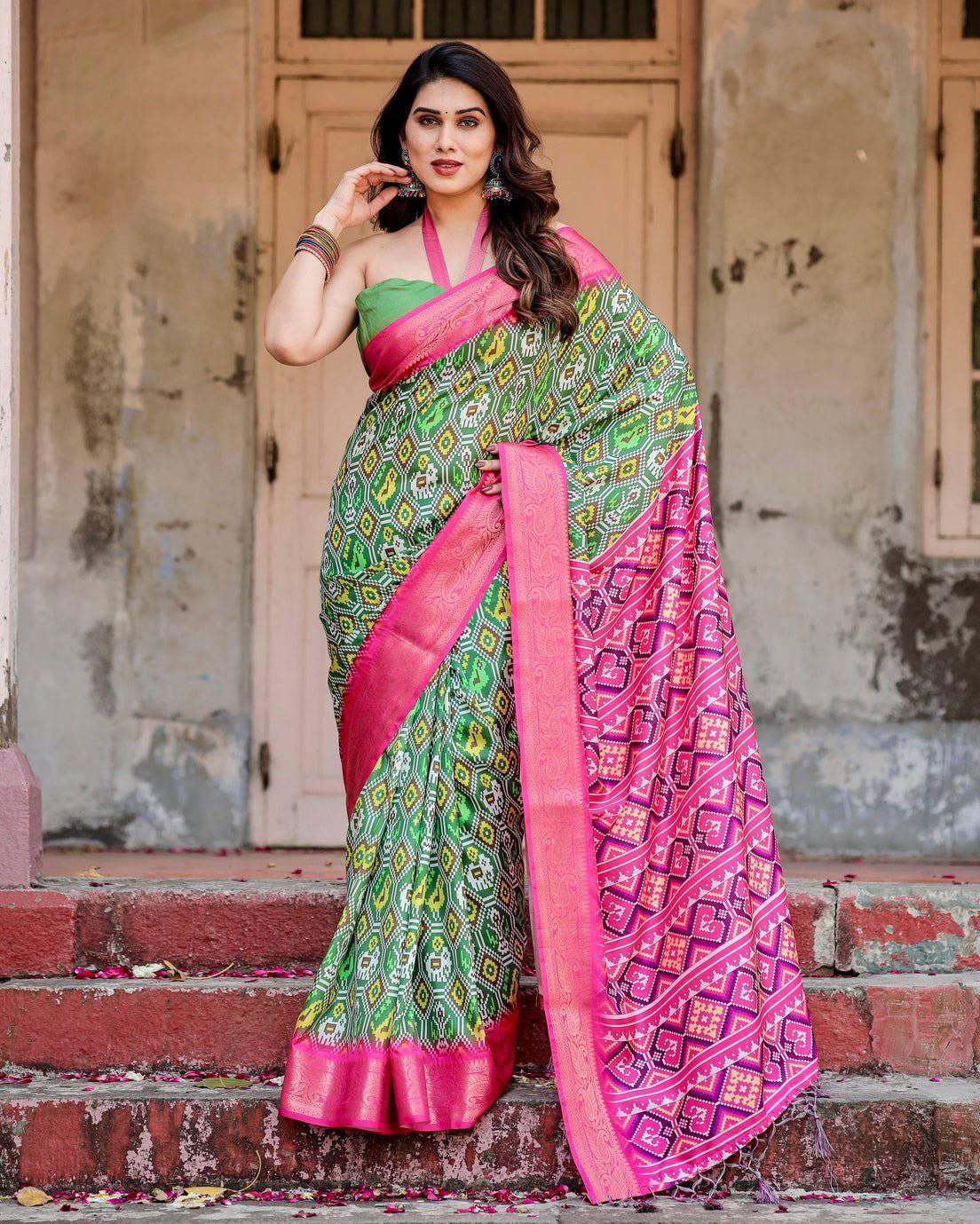 Green and Pink Tussar Silk Saree with Vibrant Ikat Patterns and Zari Border DIGITAL PRINT Main image