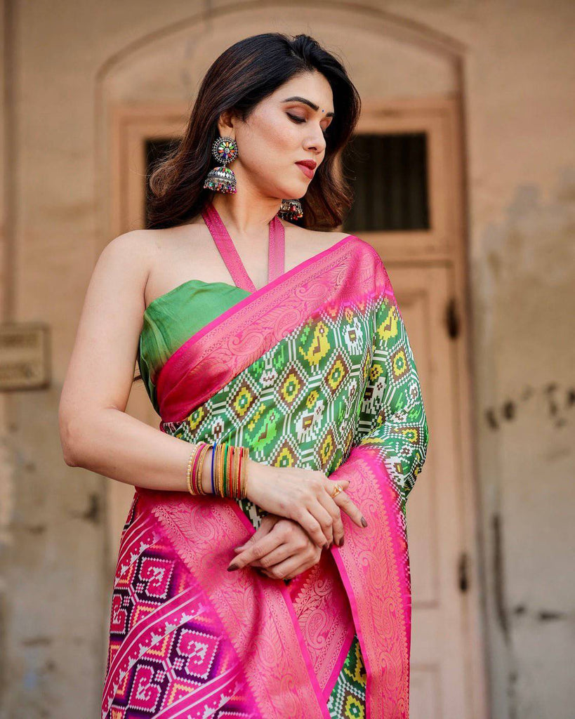 Green and Pink Tussar Silk Saree with Vibrant Ikat Patterns and Zari Border DIGITAL PRINT