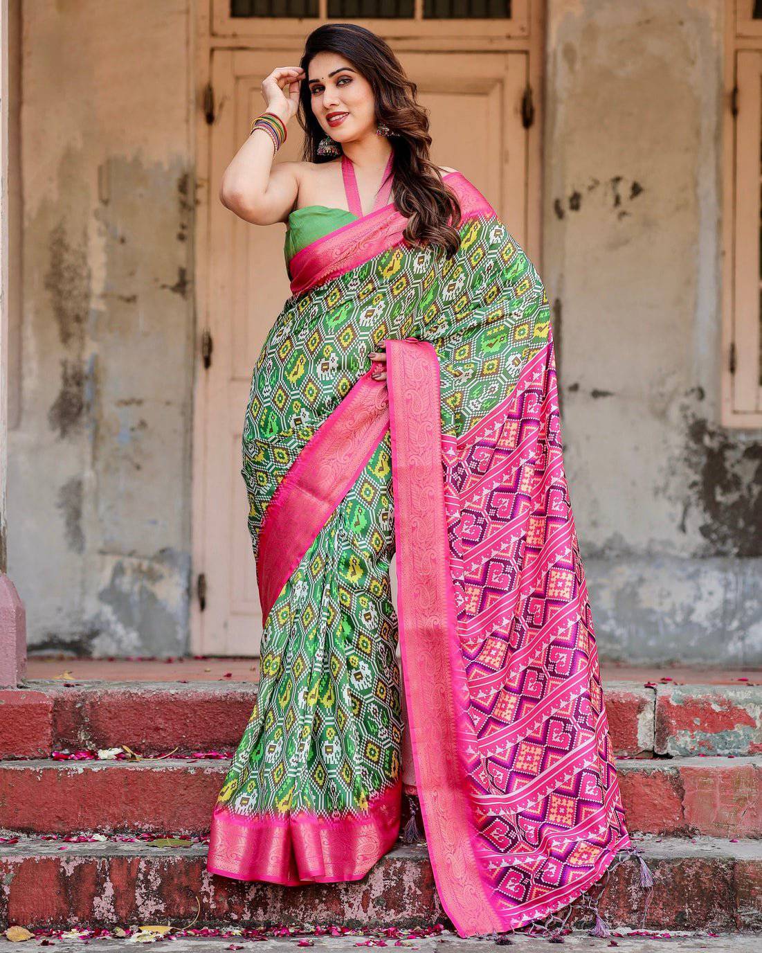Green and Pink Tussar Silk Saree with Vibrant Ikat Patterns and Zari Border DIGITAL PRINT