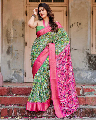 Green and Pink Tussar Silk Saree with Vibrant Ikat Patterns and Zari Border DIGITAL PRINT