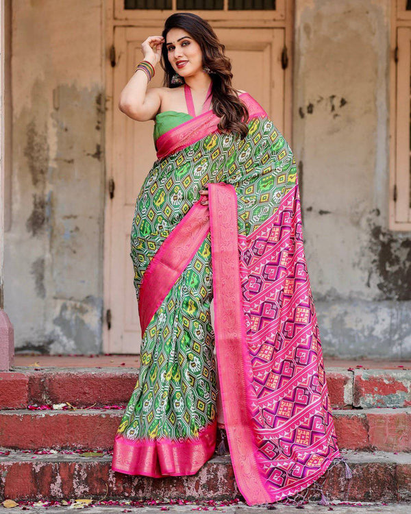 Green and Pink Tussar Silk Saree with Vibrant Ikat Patterns and Zari Border DIGITAL PRINT
