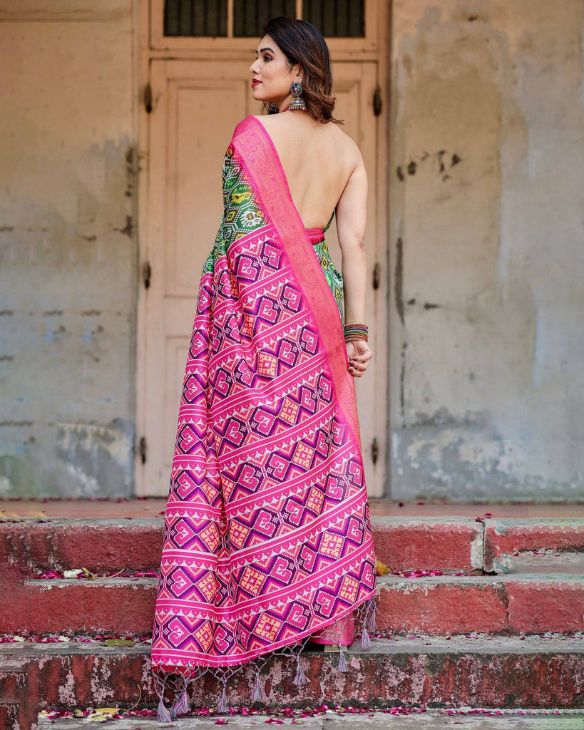 Green and Pink Tussar Silk Saree with Vibrant Ikat Patterns and Zari Border DIGITAL PRINT