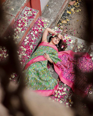 Green and Pink Tussar Silk Saree with Vibrant Ikat Patterns and Zari Border DIGITAL PRINT