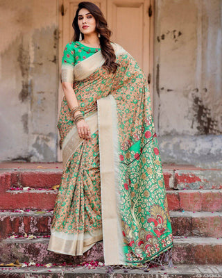 Emerald Green and Gold Tussar Silk Saree with Floral and Ornamental Motifs DIGITAL PRINT