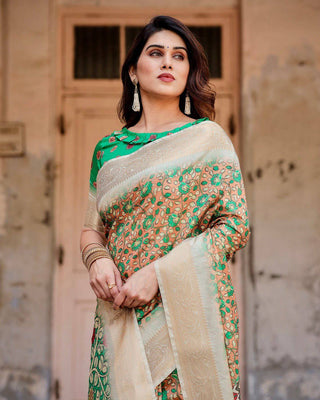 Emerald Green and Gold Tussar Silk Saree with Floral and Ornamental Motifs DIGITAL PRINT