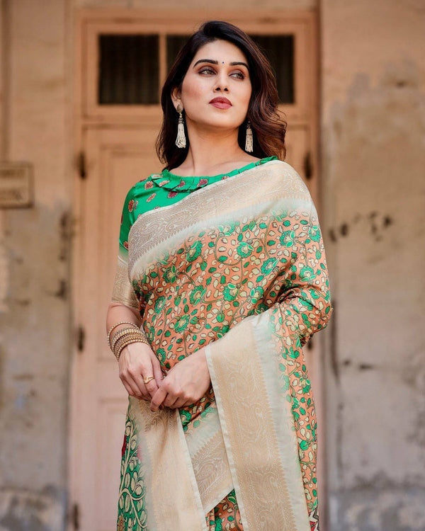 Emerald Green and Gold Tussar Silk Saree with Floral and Ornamental Motifs DIGITAL PRINT