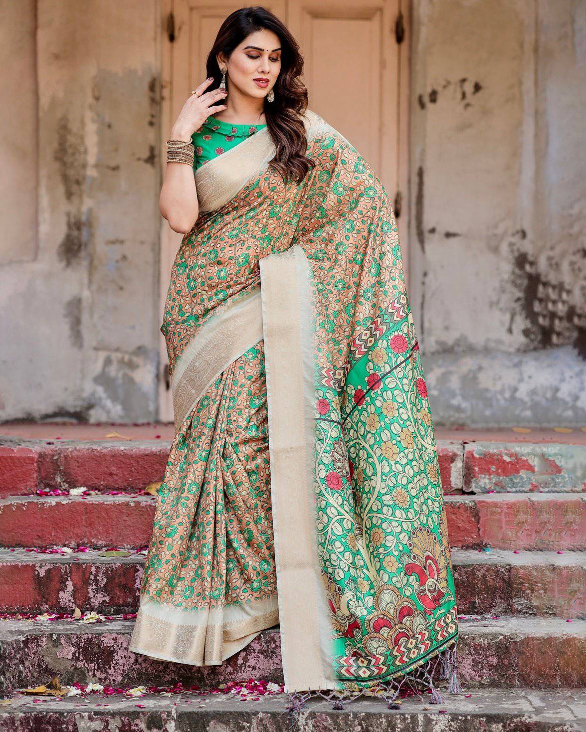 Emerald Green and Gold Tussar Silk Saree with Floral and Ornamental Motifs DIGITAL PRINT