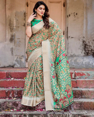 Emerald Green and Gold Tussar Silk Saree with Floral and Ornamental Motifs DIGITAL PRINT