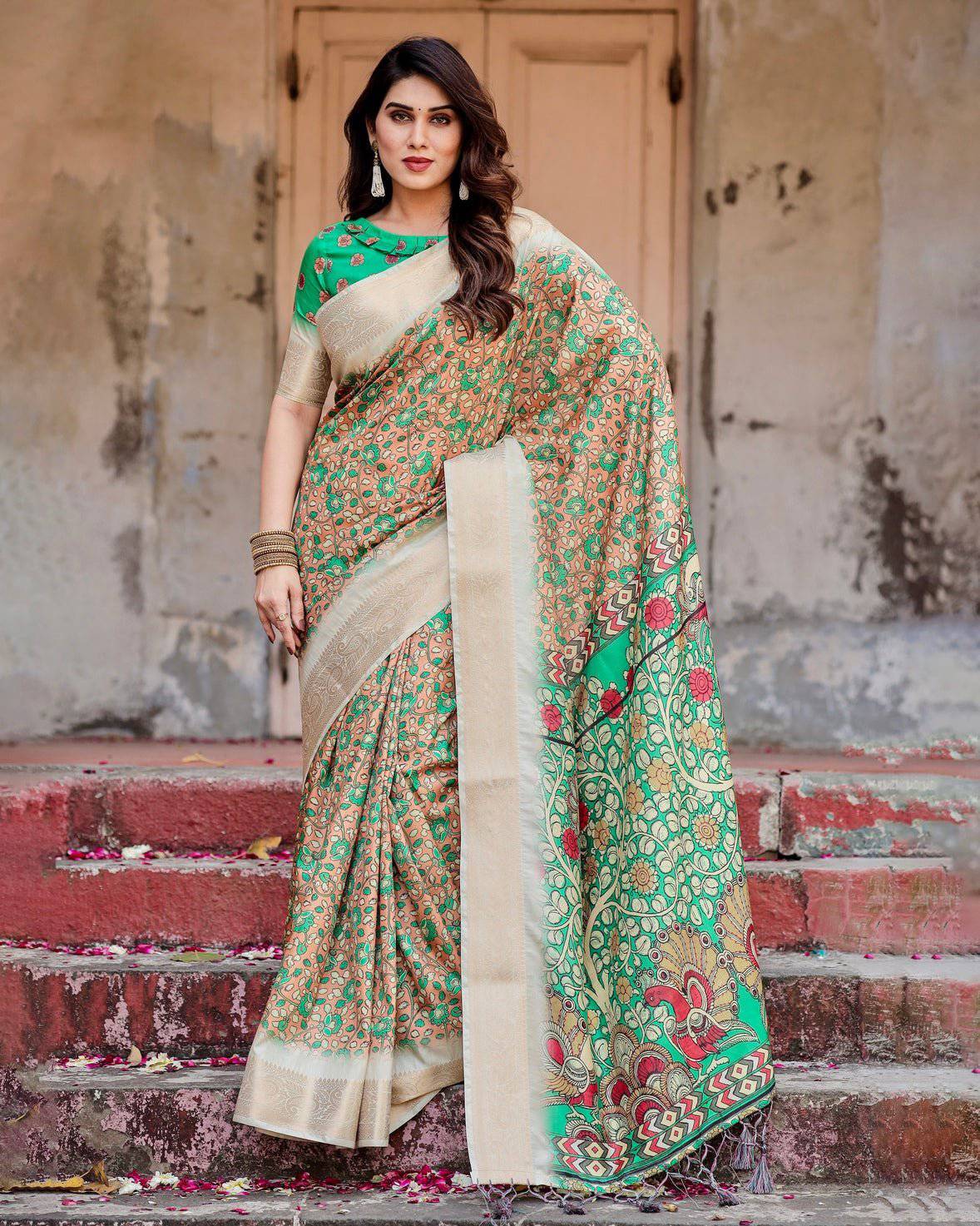 Emerald Green and Gold Tussar Silk Saree with Floral and Ornamental Motifs DIGITAL PRINT Main image