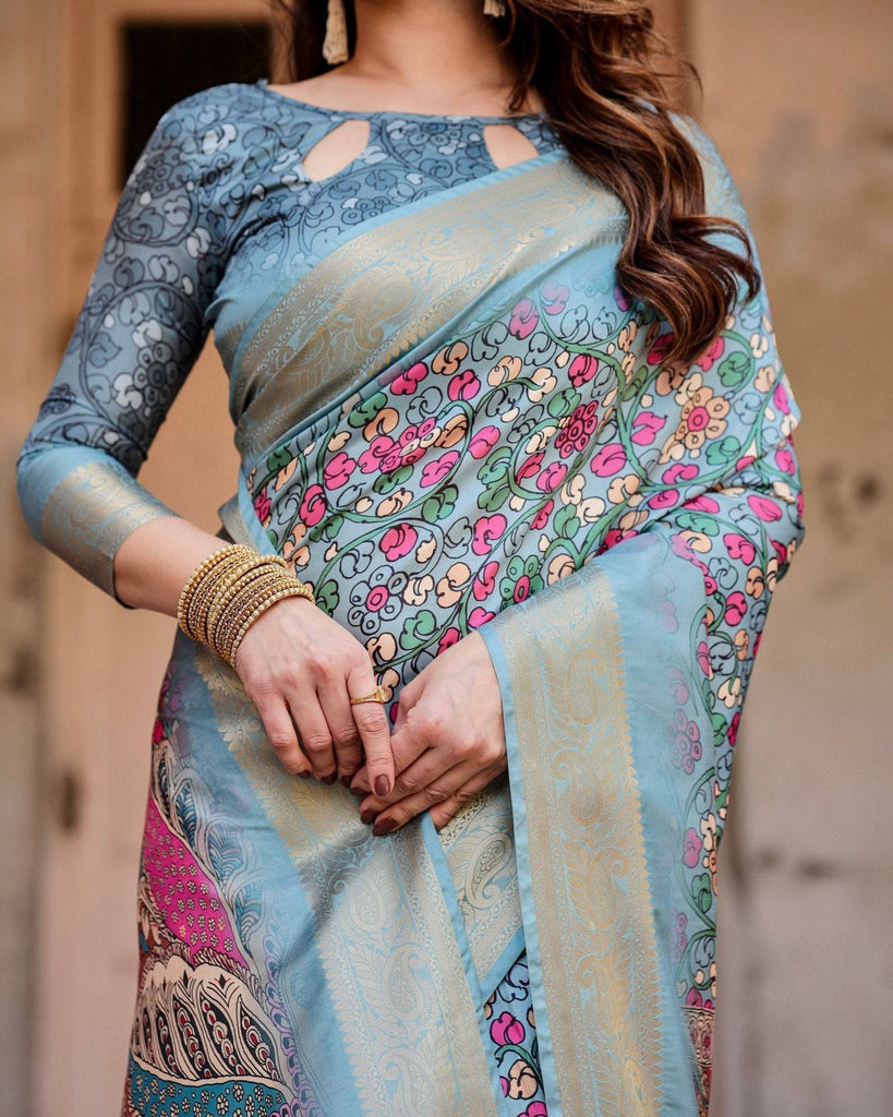 Sky Blue Tussar Silk Saree with Floral Weaves and Ornamental Pallu Design DIGITAL PRINT