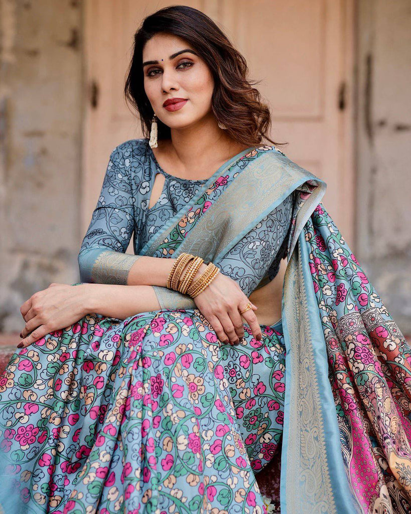Sky Blue Tussar Silk Saree with Floral Weaves and Ornamental Pallu Design DIGITAL PRINT