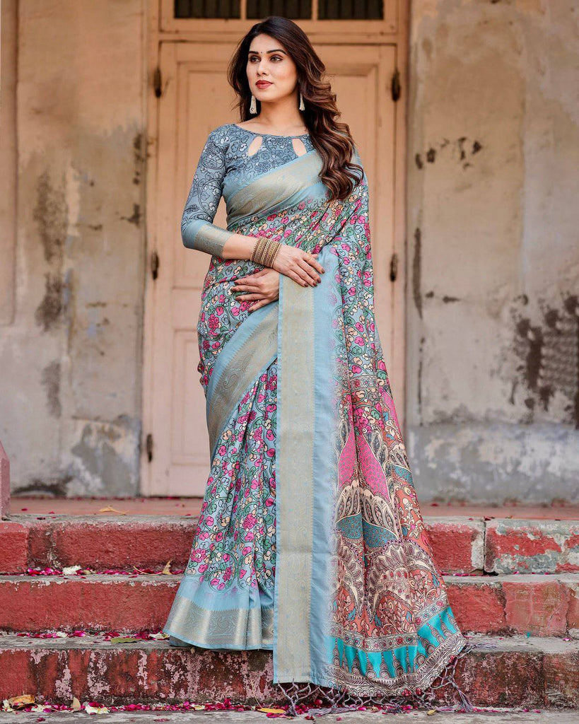 Sky Blue Tussar Silk Saree with Floral Weaves and Ornamental Pallu Design DIGITAL PRINT