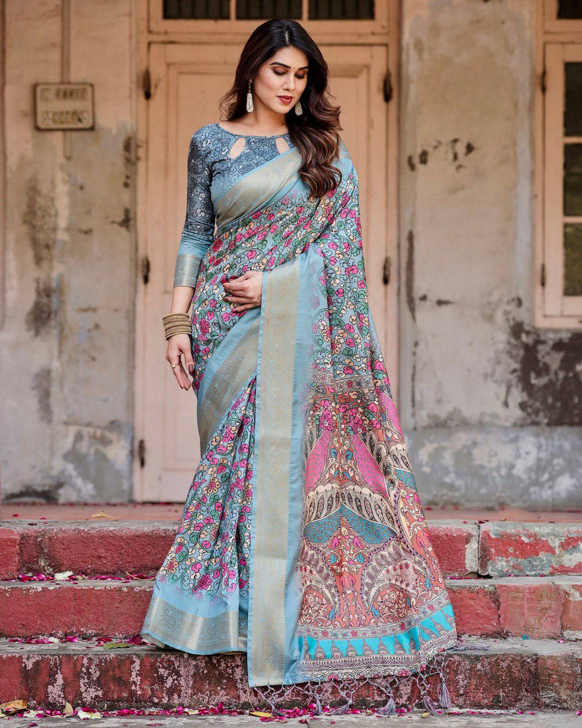 Sky Blue Tussar Silk Saree with Floral Weaves and Ornamental Pallu Design DIGITAL PRINT