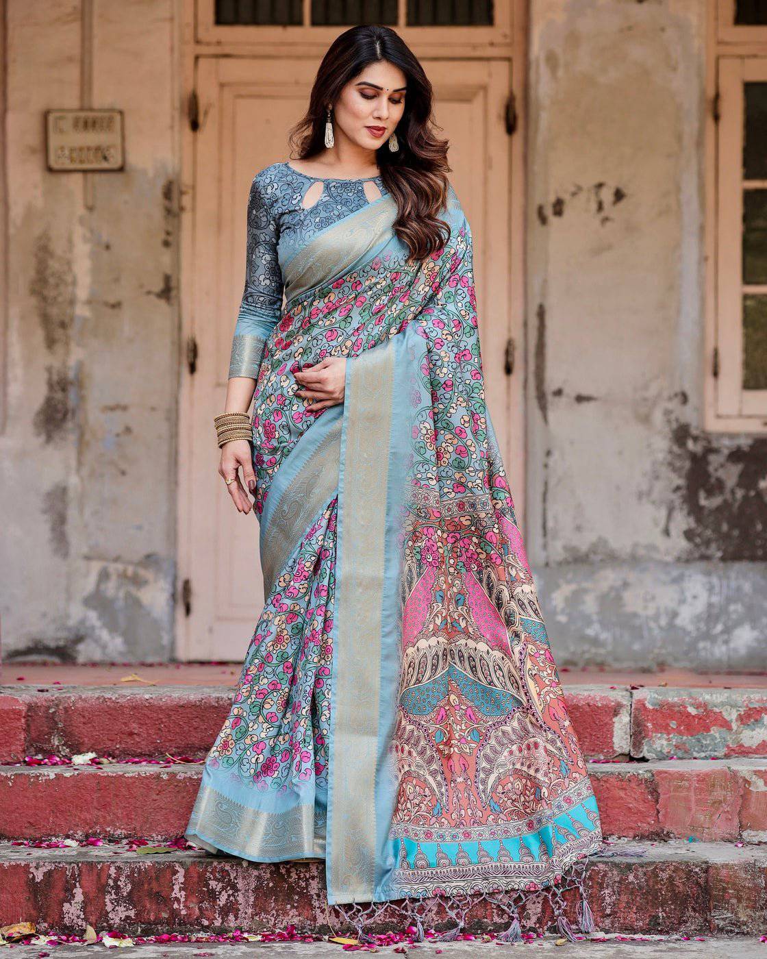 Sky Blue Tussar Silk Saree with Floral Weaves and Ornamental Pallu Design DIGITAL PRINT